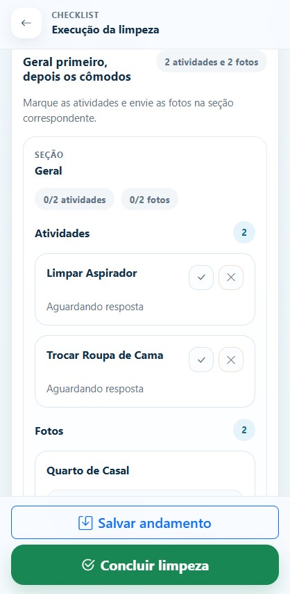 Checklist personalizado da equipe de limpeza com tarefas e envio de fotos