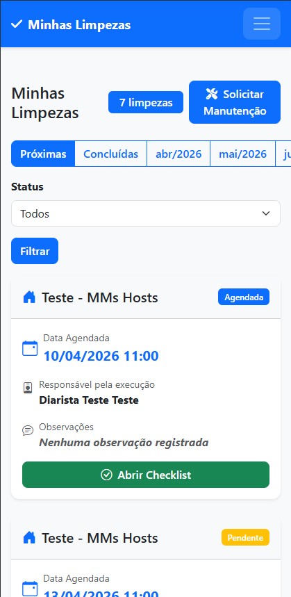 Tela da equipe de limpeza com próximas limpezas e calendário operacional